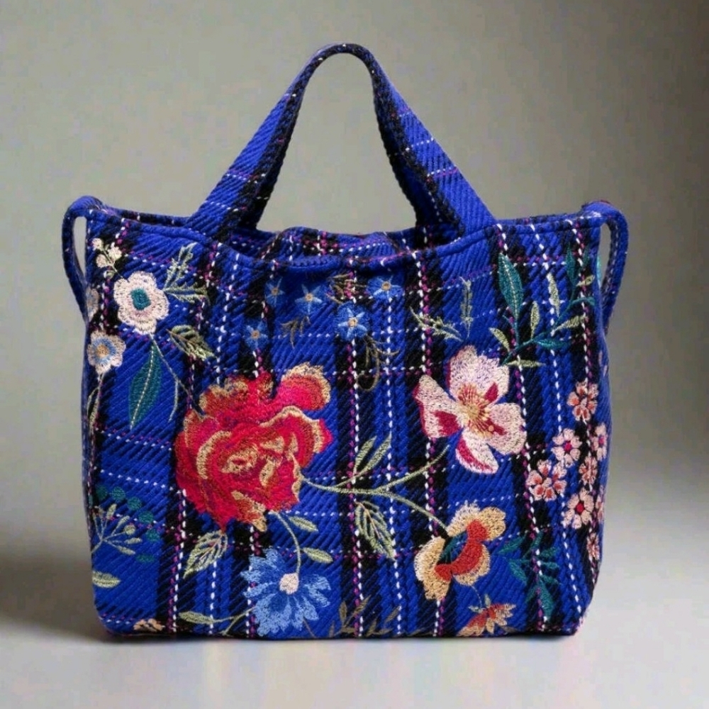 JOHNNY WAS Mila Oversized Floral Embroidered Hobo Plaid Blue Navy Red Tote NWT - Picture 9 of 12